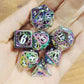 Prism with white font hollow steampunk gear cage dice for RPGs