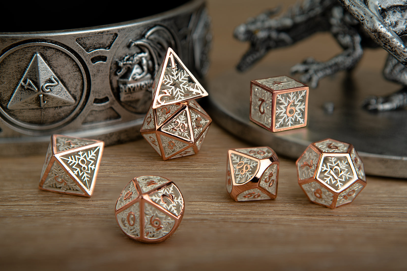 Rose gold Snowflake dice set cage hollow for DND RPG games - HYMGHO Dice 