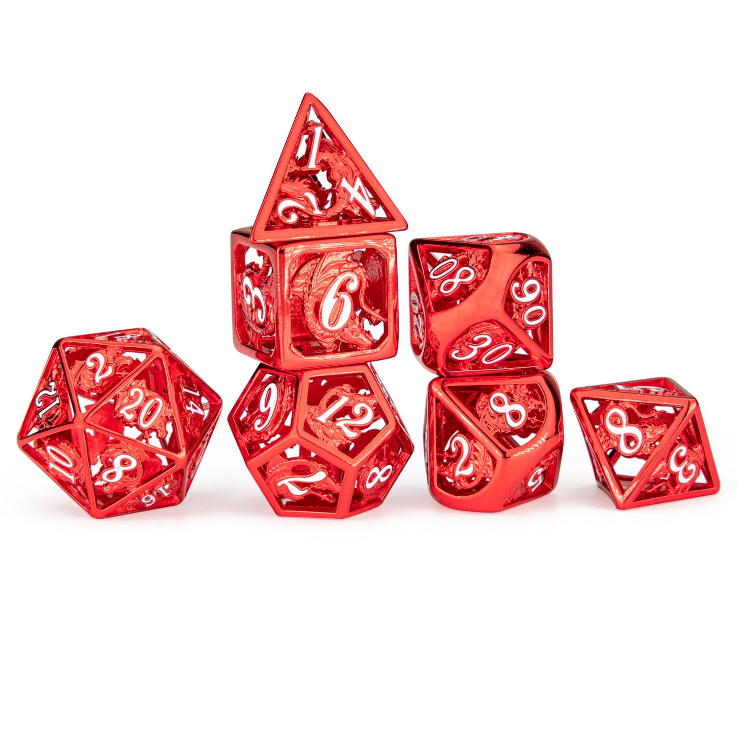 Dragon's Blood Red Hollow Dragon cage Metal Dice Set