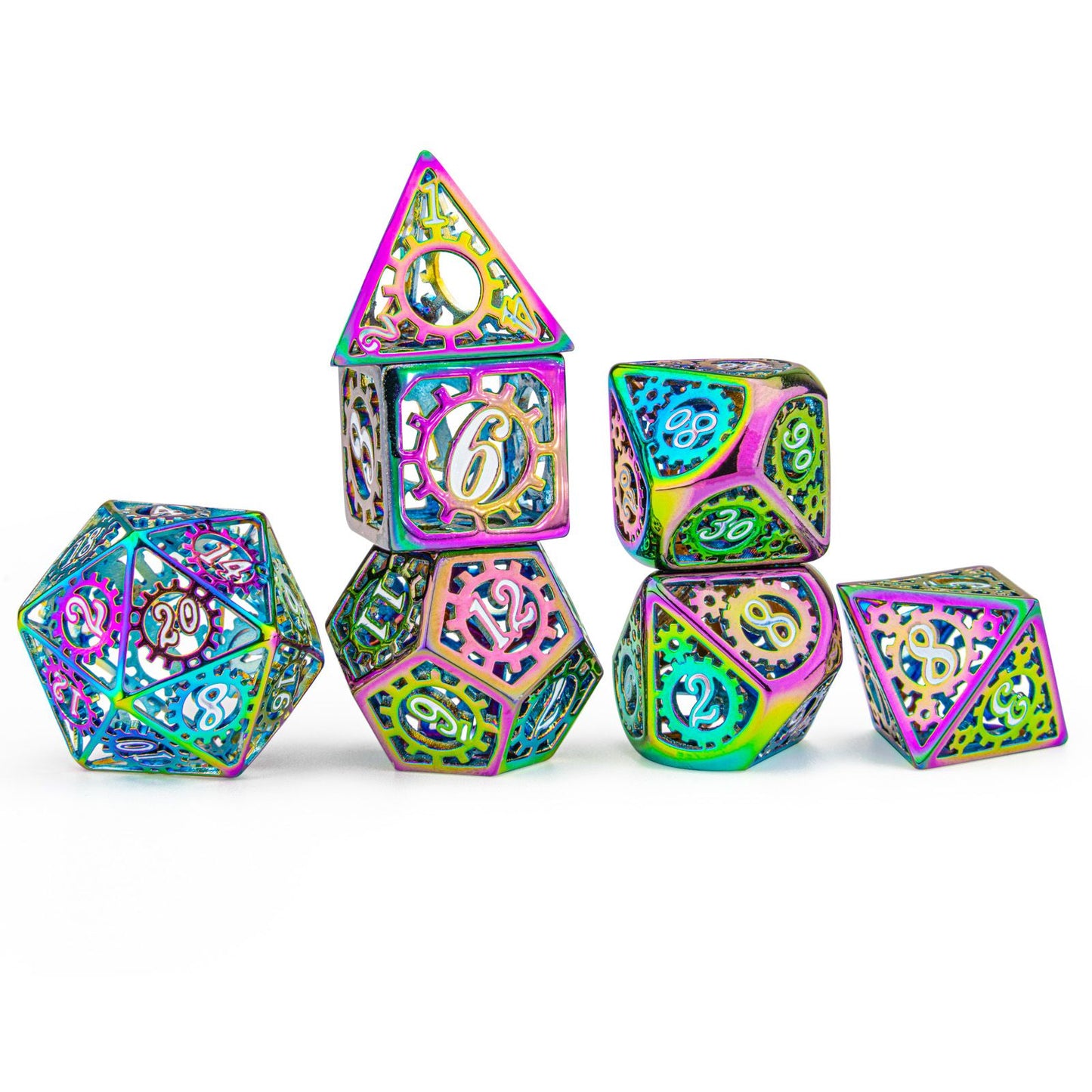 Prism with white font hollow steampunk gear cage dice for RPGs