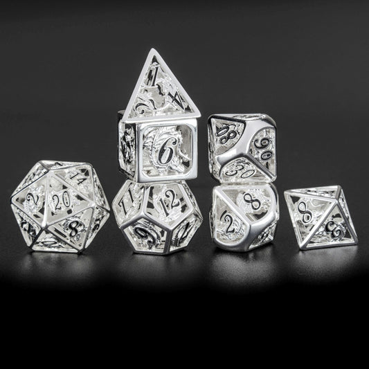 Shiny Silver Dragon with black font hollow dice set