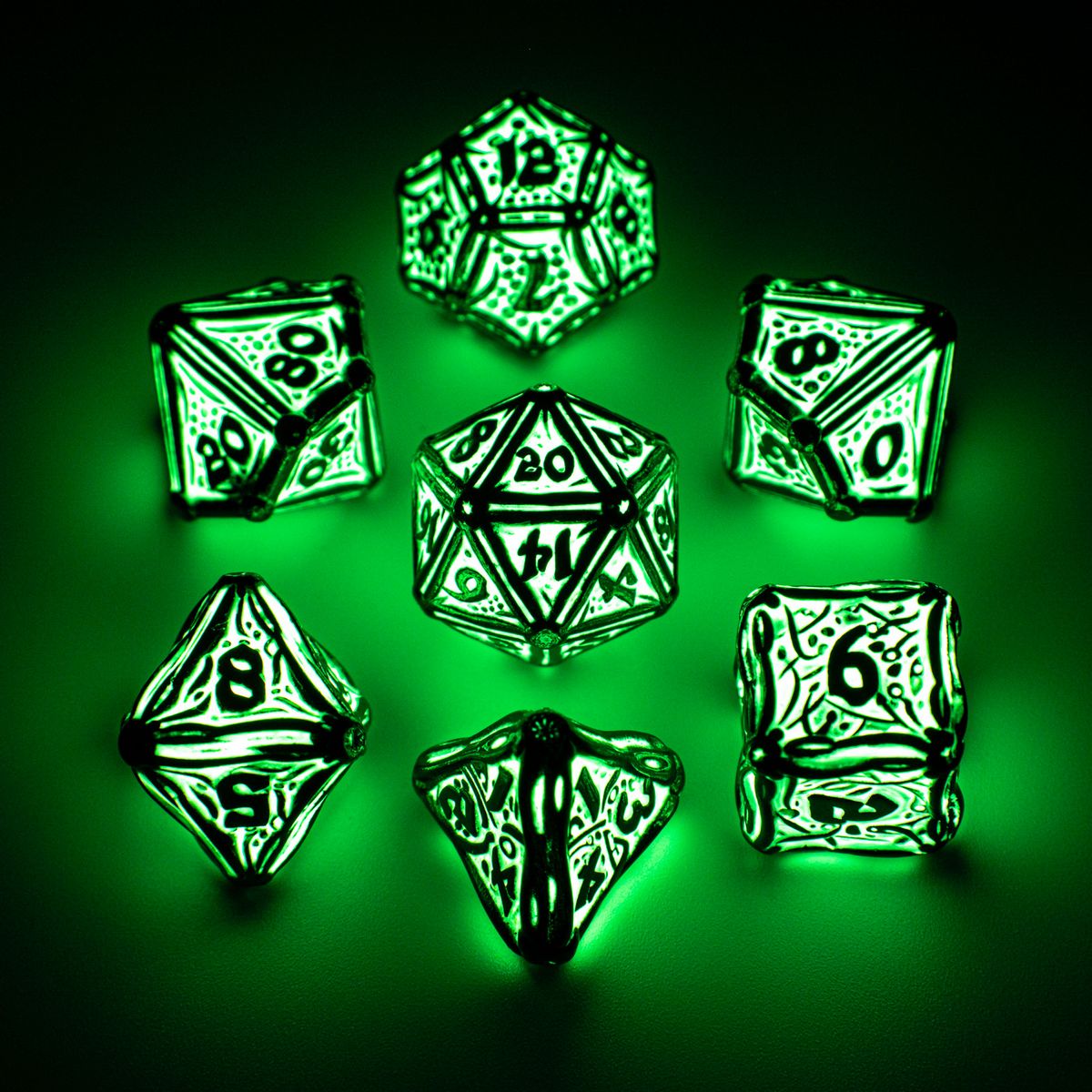 Glow in the Dark Solid Metal Druid Polyhedral Dice Set