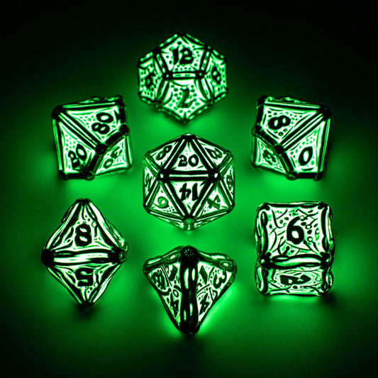 Glow in the Dark Solid Metal Druid Polyhedral Dice Set