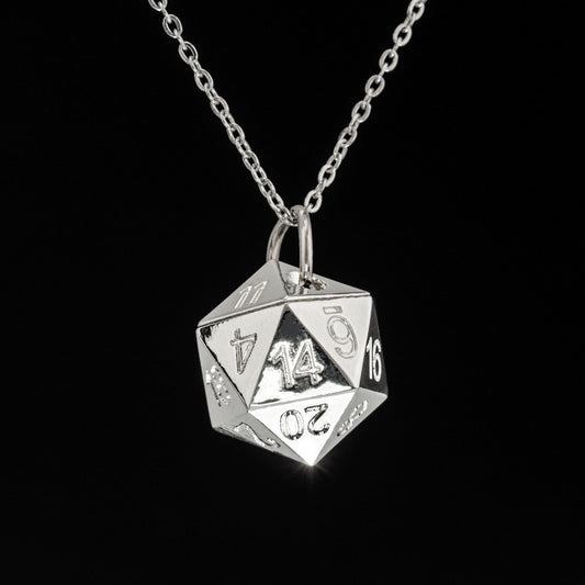 Silver D20 dice necklace pendant with chain for D&D gamer