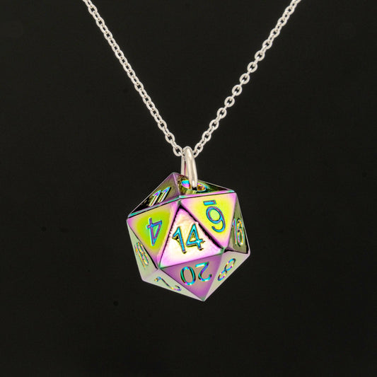 Prism Rainbow D20 dice necklace pendant with chain for D&D gamer