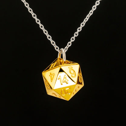 Gold D20 dice necklace pendant with chain for D&D gamer