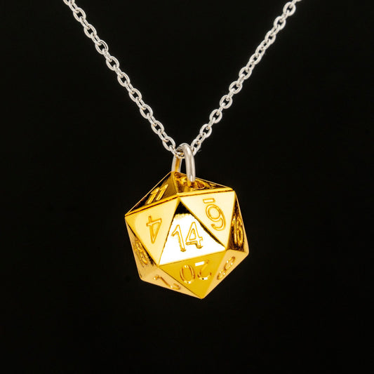 Gold D20 dice necklace pendant with chain for D&D gamer