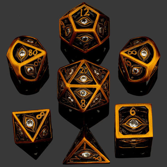 Ancient Gold with white Diamond Gems Dragon's Eye Hollow Metal Dice set