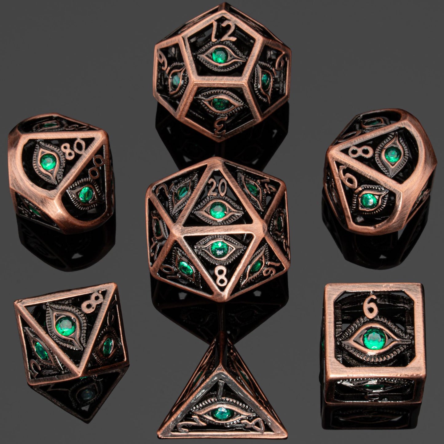 Ancient Copper with Emerald Green Gems Dragon's Eye Hollow Metal Dice set