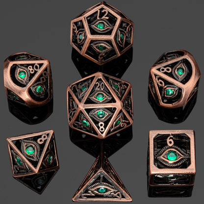 Ancient Copper with Emerald Green Gems Dragon's Eye Hollow Metal Dice set