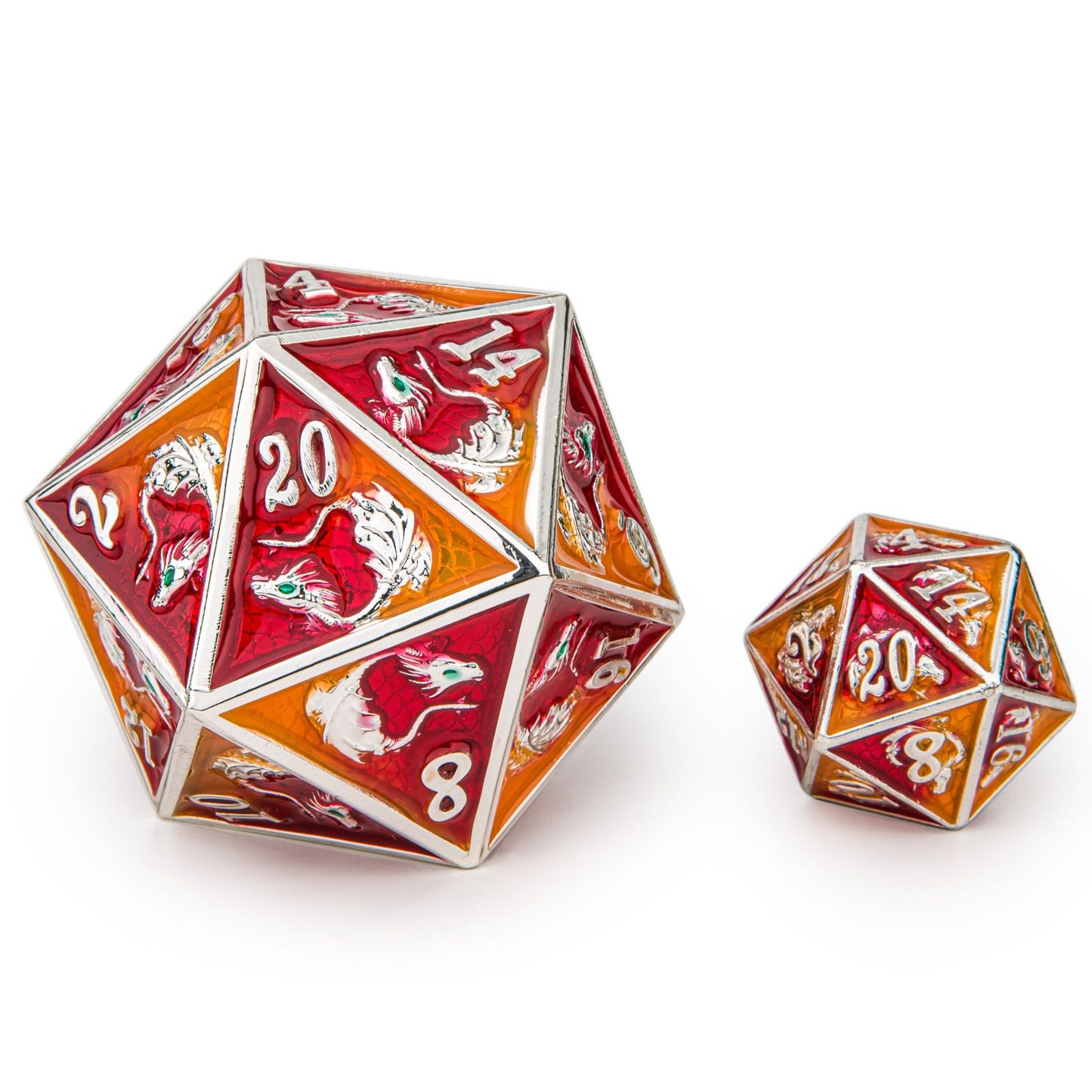 45MM Solid Metal Dragon Chonk D20-Silver w/Orange& Red