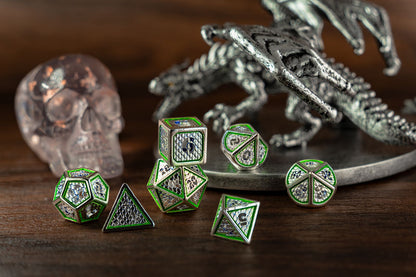 Hollow Wyvern RPG Dice Set-Silver with Green/Blue