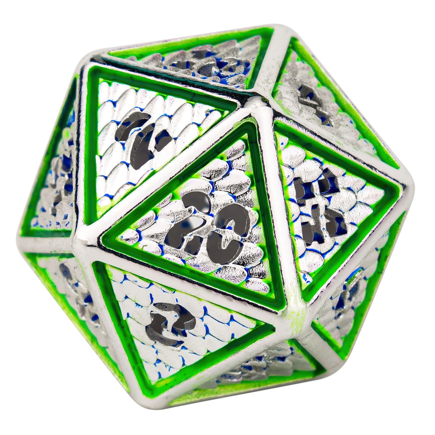 Hollow Wyvern single D20 Silver with Green/Blue