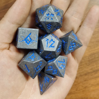 Barbarian Solid Metal Polyhedral Dice Set-Ancient Silver w/Blue