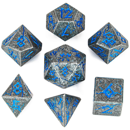 Barbarian Solid Metal Polyhedral Dice Set-Ancient Silver w/Blue