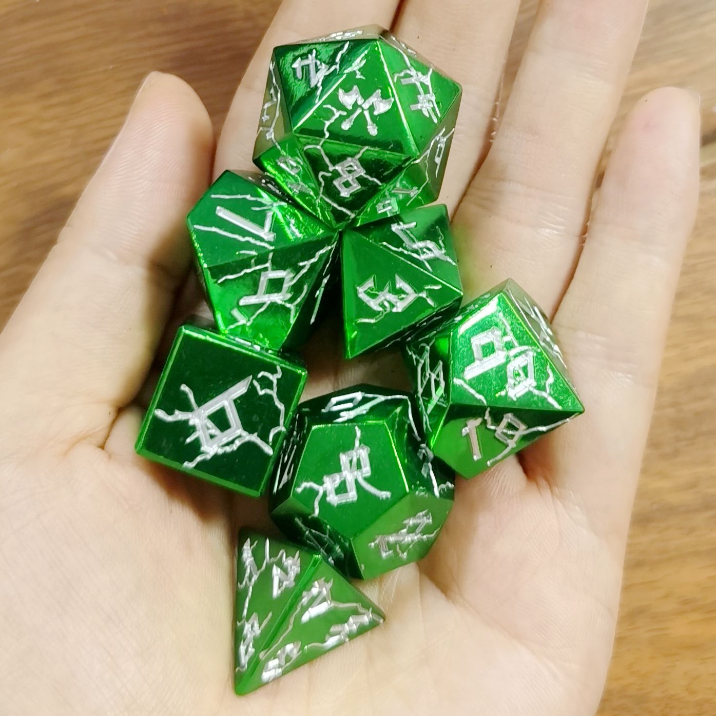 Metal Solid Barbarian Dice Set-Shiny Green w/Silver