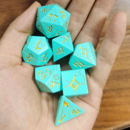 Barbarian Solid Metal Polyhedral Dice Set-Turquoise with Gold