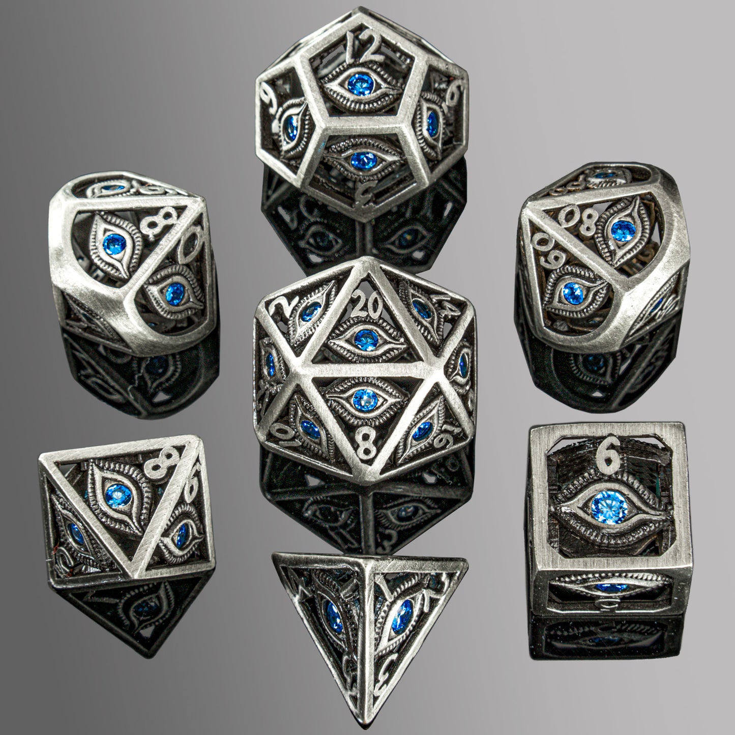 Ancient Silver with Blue Gems Dragon Eye dice set