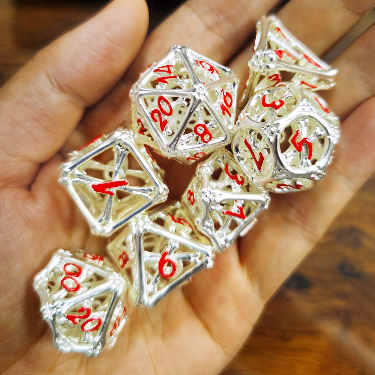 Metal Hollow Death's Treasure Dice Set Matt Silver with Red