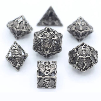 Ancient Silver Hollow Metal Bat RPG Dice Set
