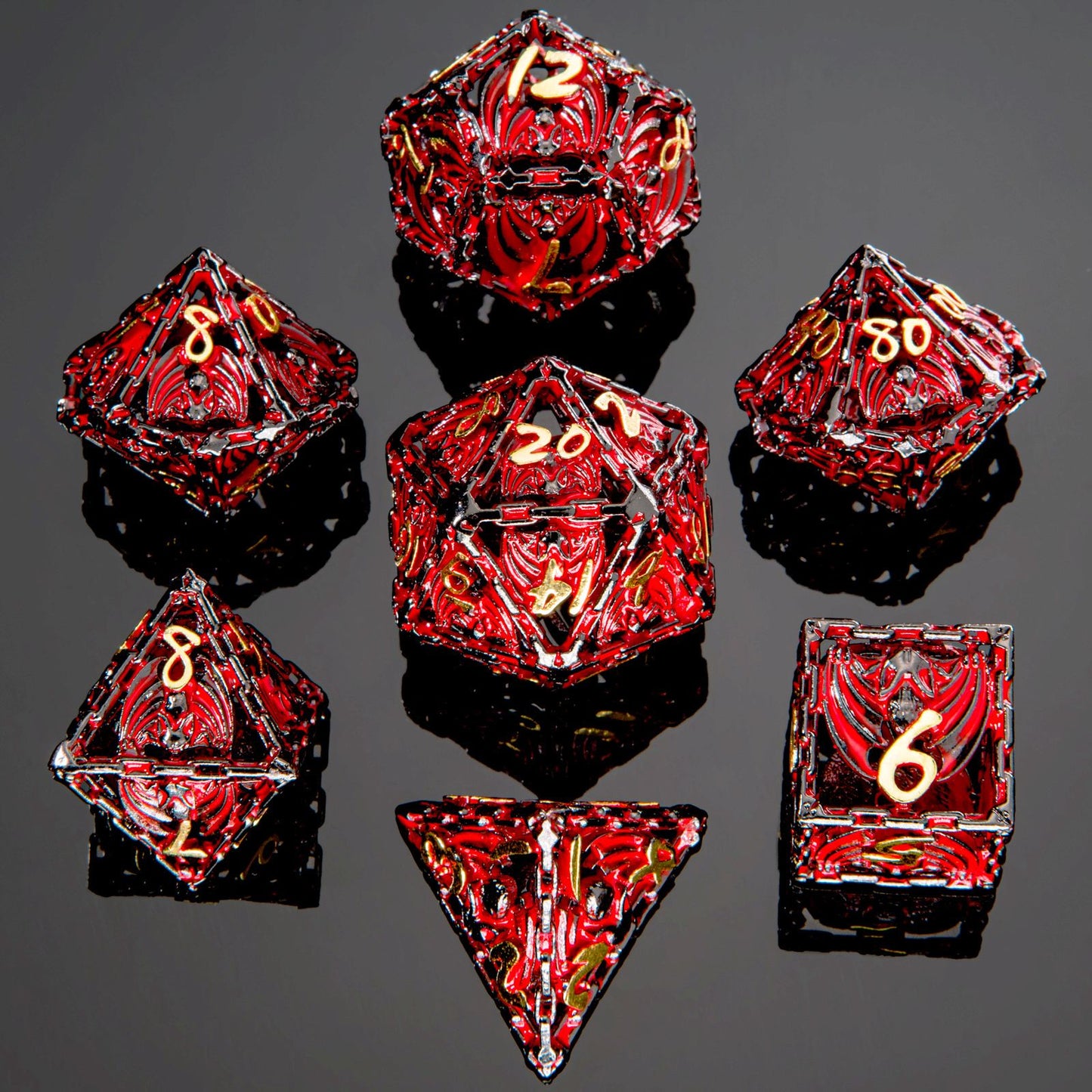 Hollow Metal Bat Polyhedral Dice Set-Gun Metal w/Blood