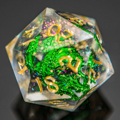 Sharp Edged Dice Set with Metal Green Dragon Inclusion
