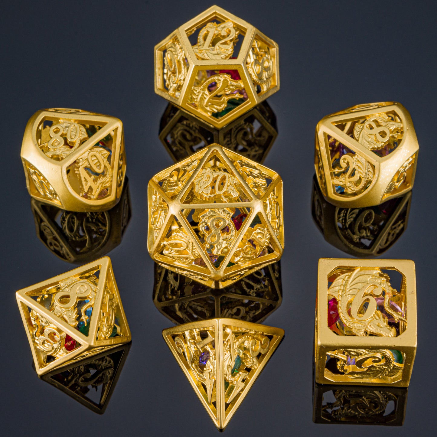 Matt Gold Hollow Dragon Dice Set Filled with Gems