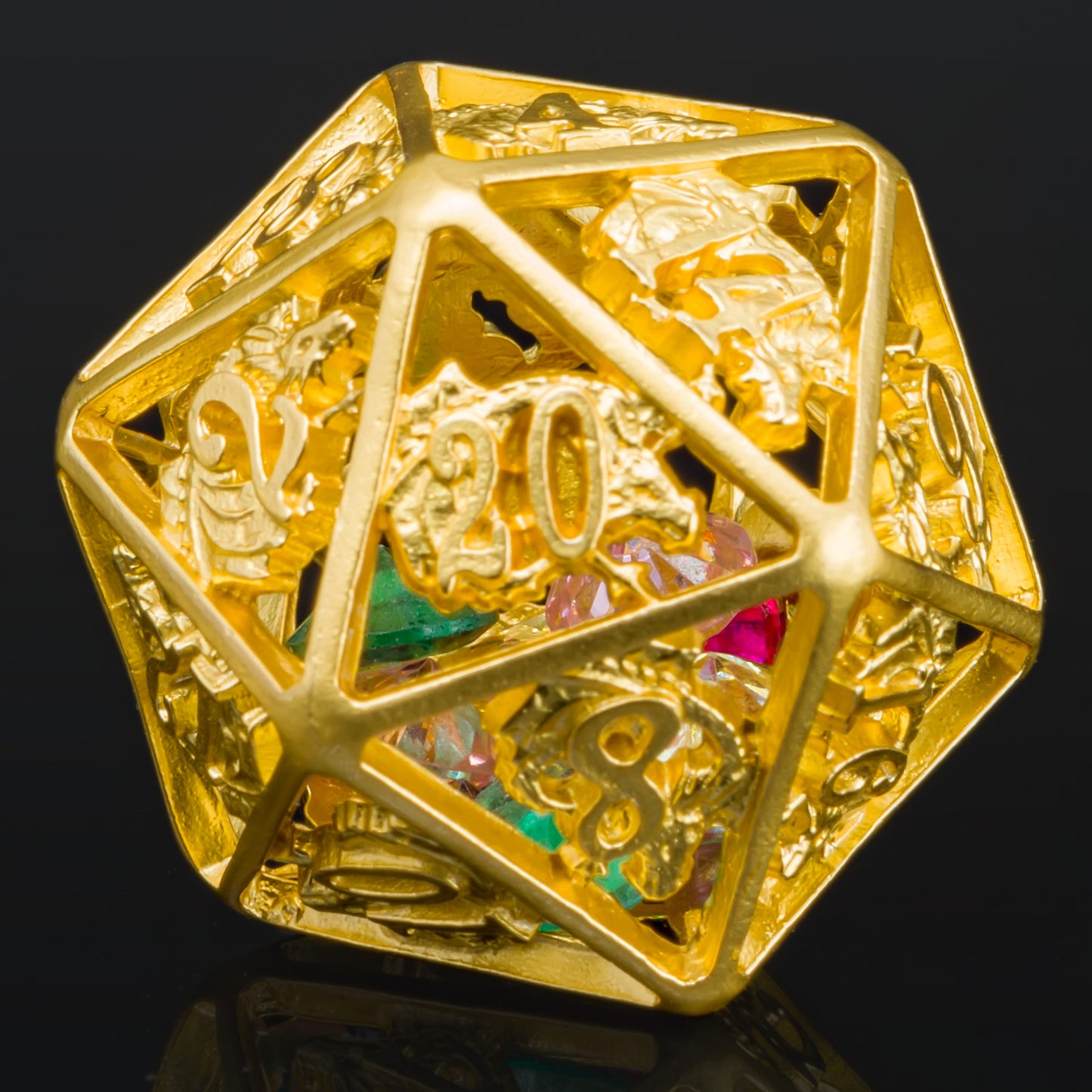 Matt Gold Hollow Dragon Dice Set Filled with Gems