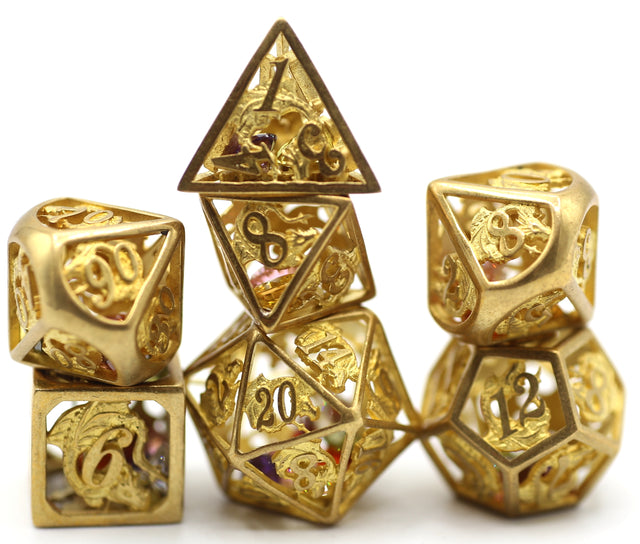 Matt Gold Hollow Dragon Dice Set Filled with Gems