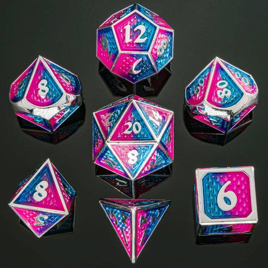 Behemoth Silver w/Pink&Blue Solid Metal Dice Set