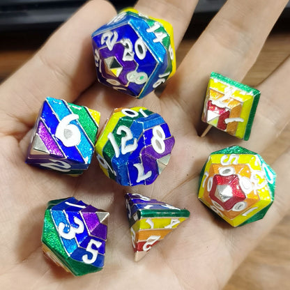 Pride Rainbow Metal Dice Set-Silver with white numbers
