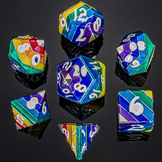 Pride Rainbow Metal Dice Set-Silver with white numbers