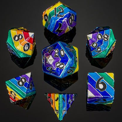 Pride Rainbow Metal Dice Set-Silver with black numbers