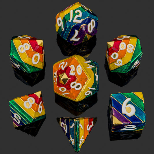Pride Rainbow Metal Dice Set-Gold with white numbers