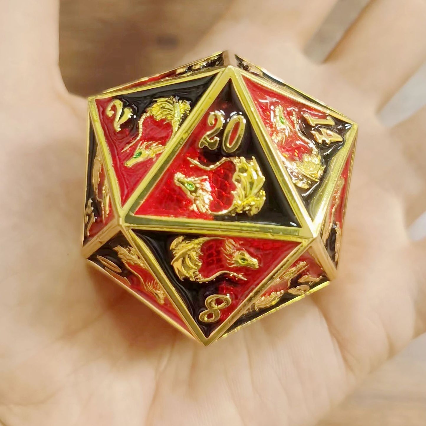 45MM Solid Metal Dragon Chonk D20-Gold w/Red& Black