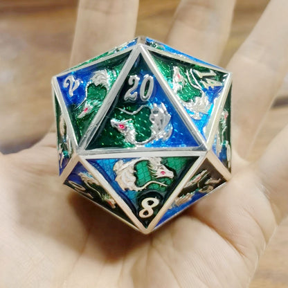 45MM ソリッドメタル ドラゴン チョンク D20-シルバー グリーン&amp;ブルー付き
