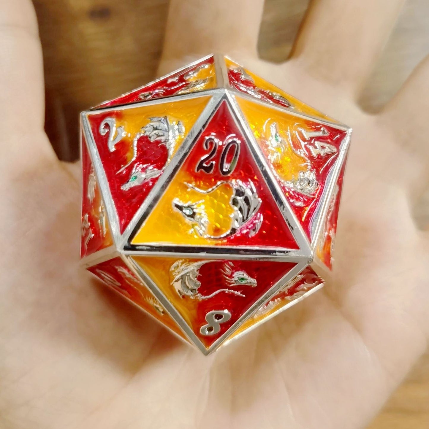 45MM Solid Metal Dragon Chonk D20-Silver w/Orange& Red