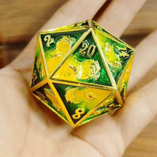 45MM Solid Metal Dragon Chonk D20-Gold w/Yellow& Green