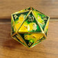 45MM Solid Metal Dragon Chonk D20-Gold w/Yellow& Green