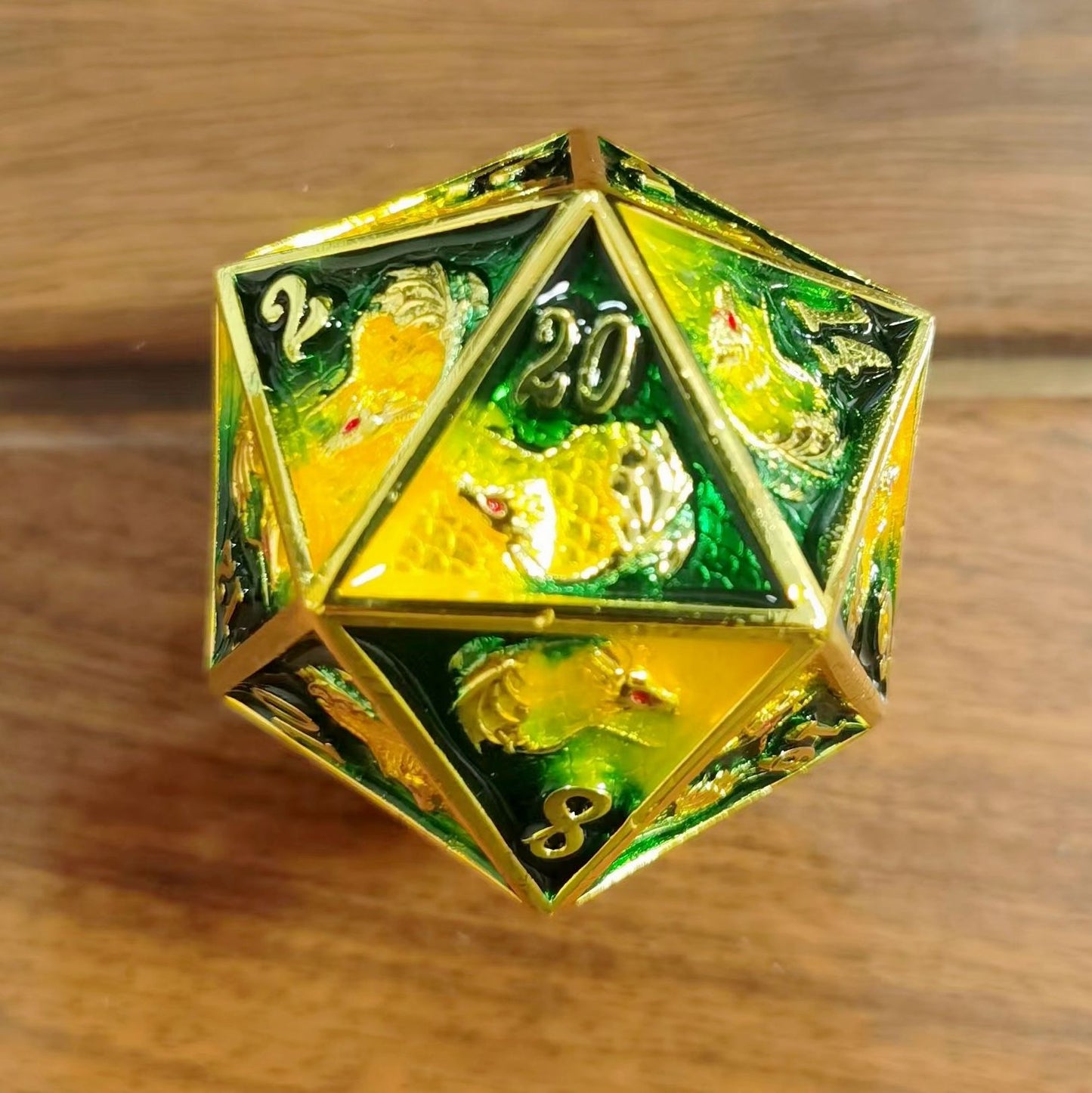 45MM Solid Metal Dragon Chonk D20-Gold w/Yellow& Green