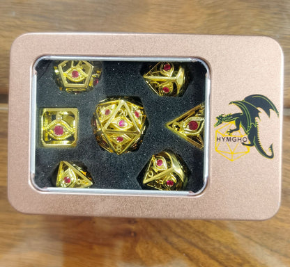 Shiny Gold with Ruby Red Gems Dragon's Eye dice set