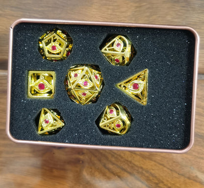 Shiny Gold with Ruby Red Gems Dragon's Eye dice set