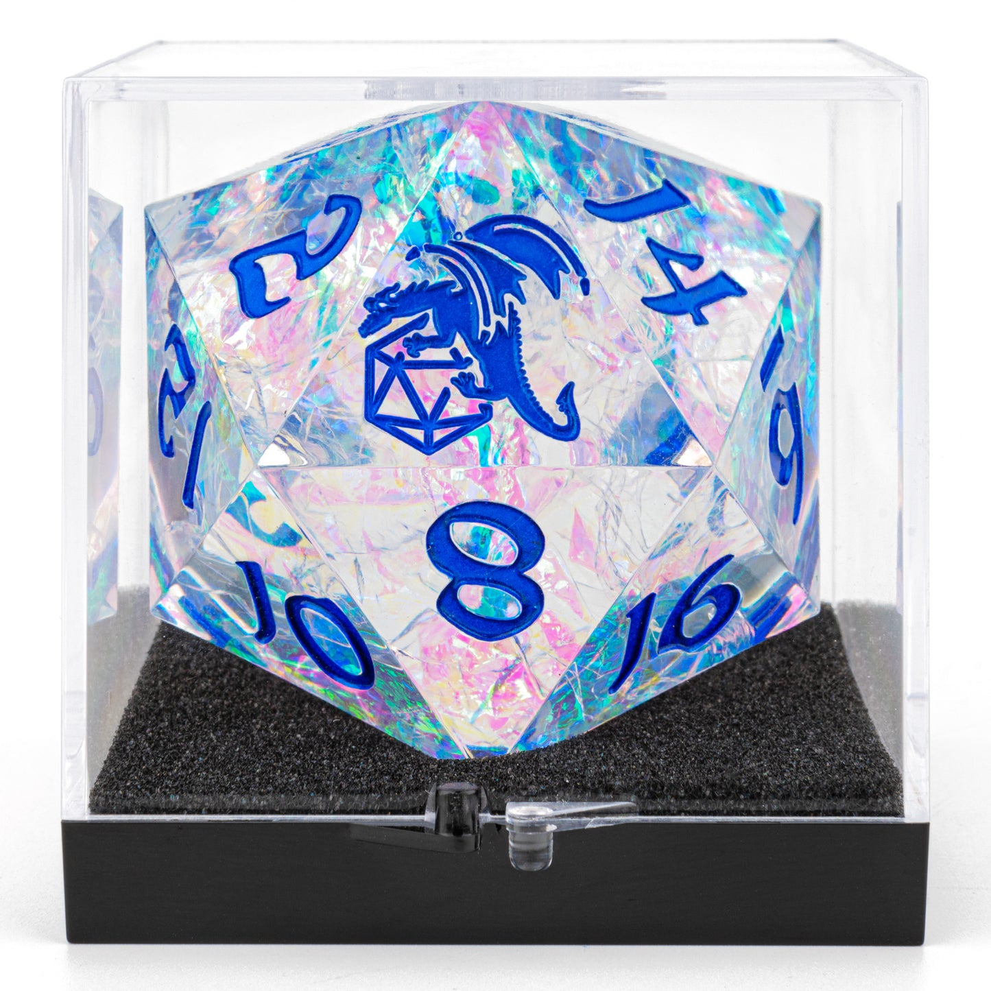 Sharp Edge Resin 55mm Chonk D20-Opal with blue ink