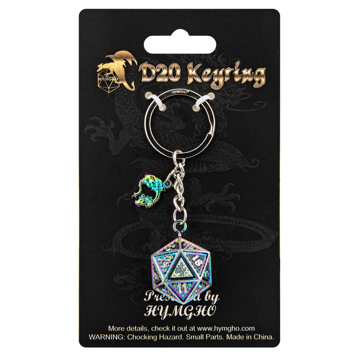 D20 keychain with HYMGHO dragon charm- Behemoth Brushed Rainbow