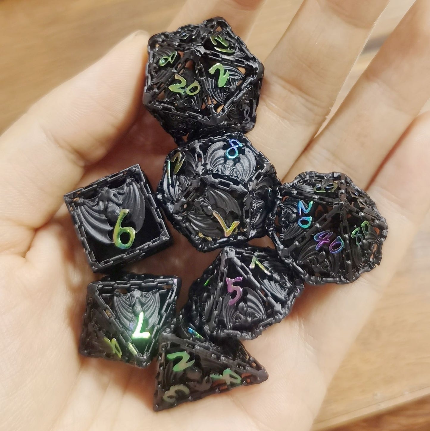 Hollow Metal Bat Polyhedral Dice Set-Black W/Chromatic Rainbow