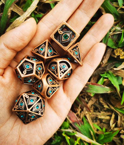 Ancient Copper with Emerald Green Gems Dragon's Eye Hollow Metal Dice set