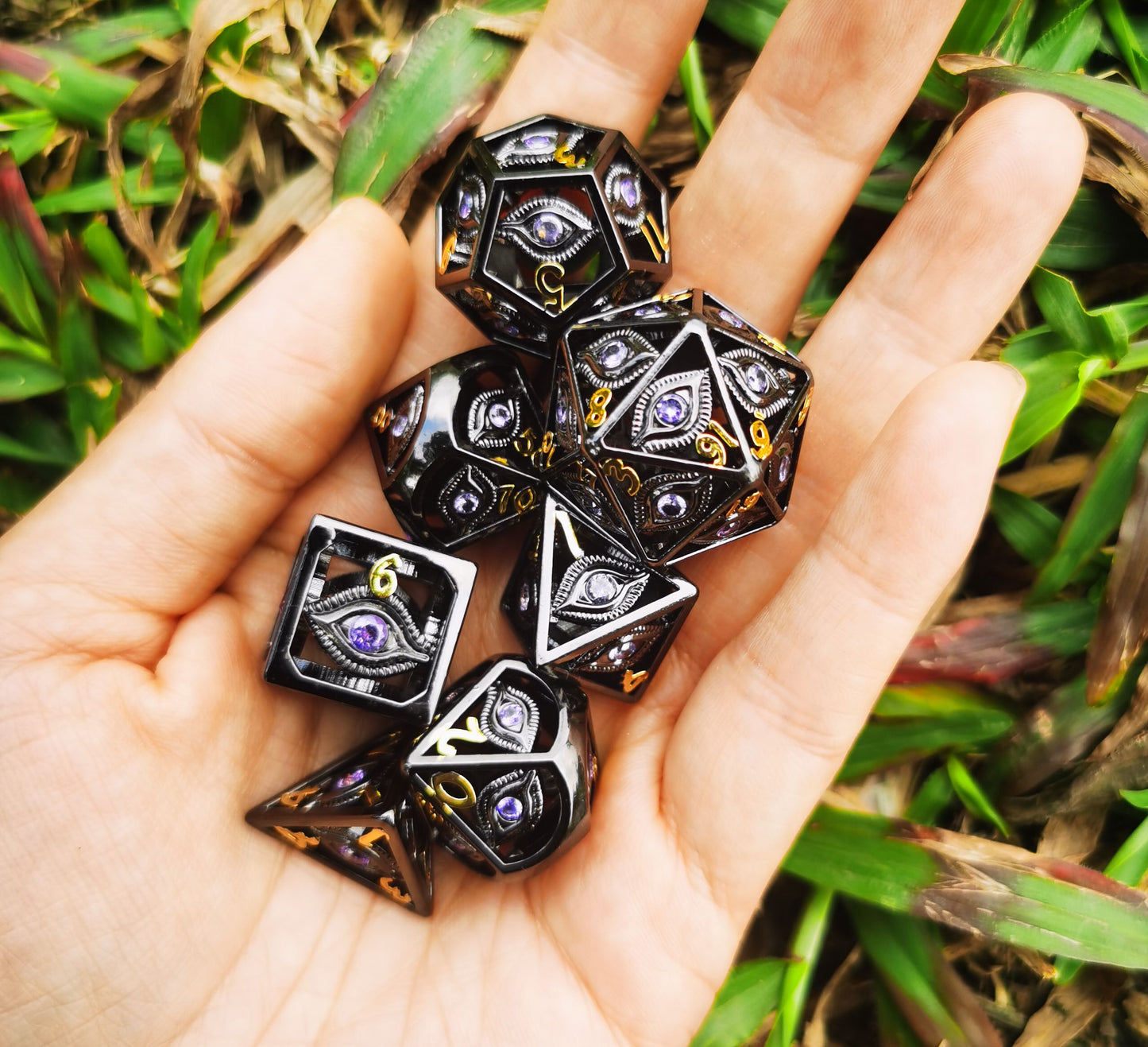 Black with Purple Gems Dragon's Eye Hollow Metal Dice set