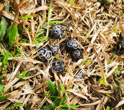 Black with Purple Gems Dragon's Eye Hollow Metal Dice set