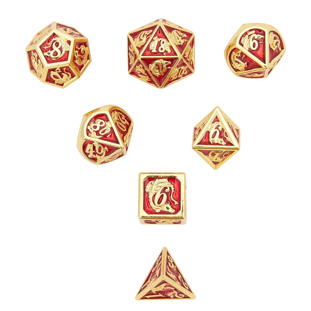 HYMGHO DnD dice set Gold Dragon ruby enamel engraved with dragon scales - HYMGHO Dice 