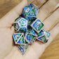 Silver w/Green& Blue dragon dice set for RPG game